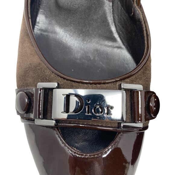 Vintage Dior Galliano Era Street Chic Brown Suede Patent Leather Logo Pumps 37.5 - Picture 11 of 16